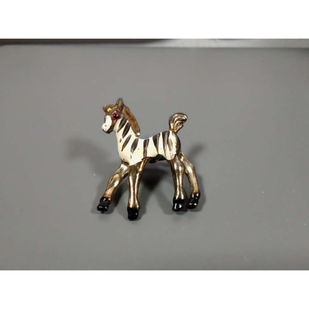 VINTAGE 1950's Zebra/Horse Enamel Brooch with Red Gem Eye; 1.5"T x 1"W
